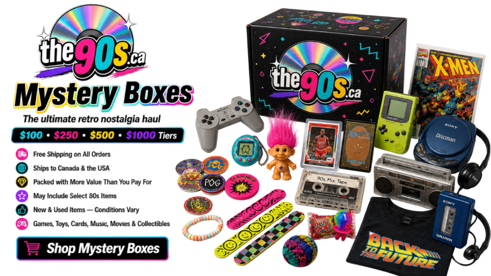 A promotional collage for 'the 90s.ca' Mystery Boxes showing a black branded box alongside many retro-themed collectibles and toys from the 1990s, including an X-Men comic, a Sony CD player, a Walkman, a Sega Genesis, a game controller, bracelets, t-shirts, and other accessories.